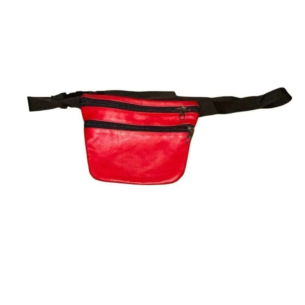 Vintage 80’s, 90’s red leather dual zipper Fanny waist pack.